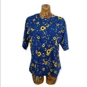 Misslook top MEDIUM short sleeve 943068 blue yellow floral flowers button down